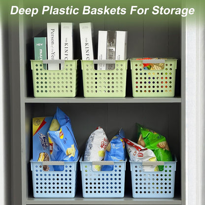 Soddeph 4 Pack Plastic Storage Basket with Handles, Small Deep Organizer Bin with Hollow Design for Under Counter, Shelf, Closet, Kitchen or Bathroom (White, Small)