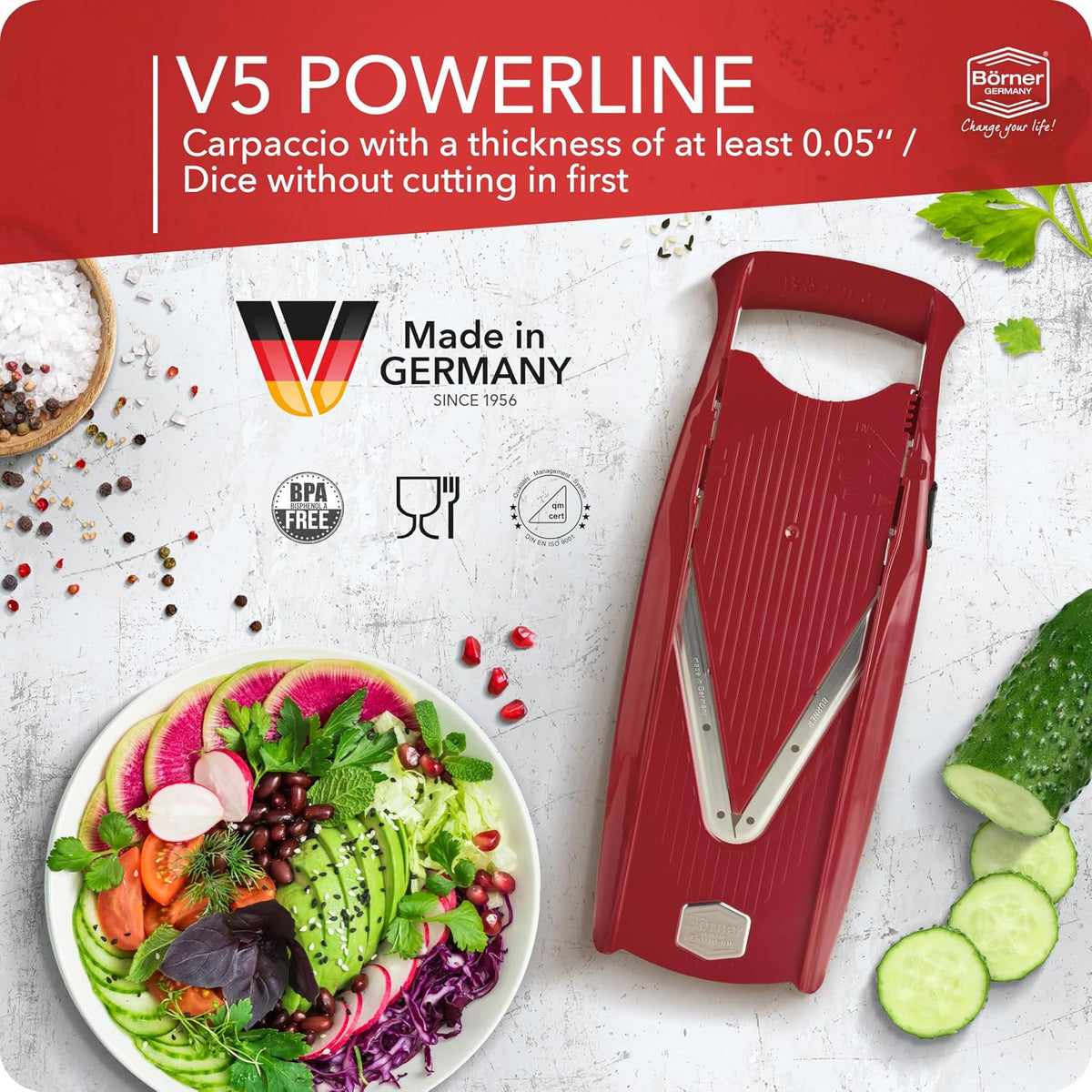 Mandoline Food Slicer Börner V5 (Profi Set) by Reston Lloyd • V-Slicer with 4 Inserts, Docking Station & Food Holder • Made in Germany • Fruit & Vegetable Chopper • Multiple Settings • Color: Purple