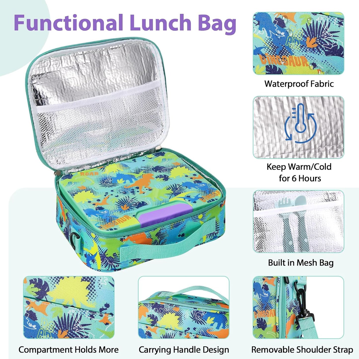 Kids Bento Lunch Box Set with 9.5oz Soup Thermo, Leak-Proof Lunch Food Containers with 3 Compartment and Removable Inner Tray, Insulated Hot Food Jar with Lunch Bag for School, Office, Sea Blue