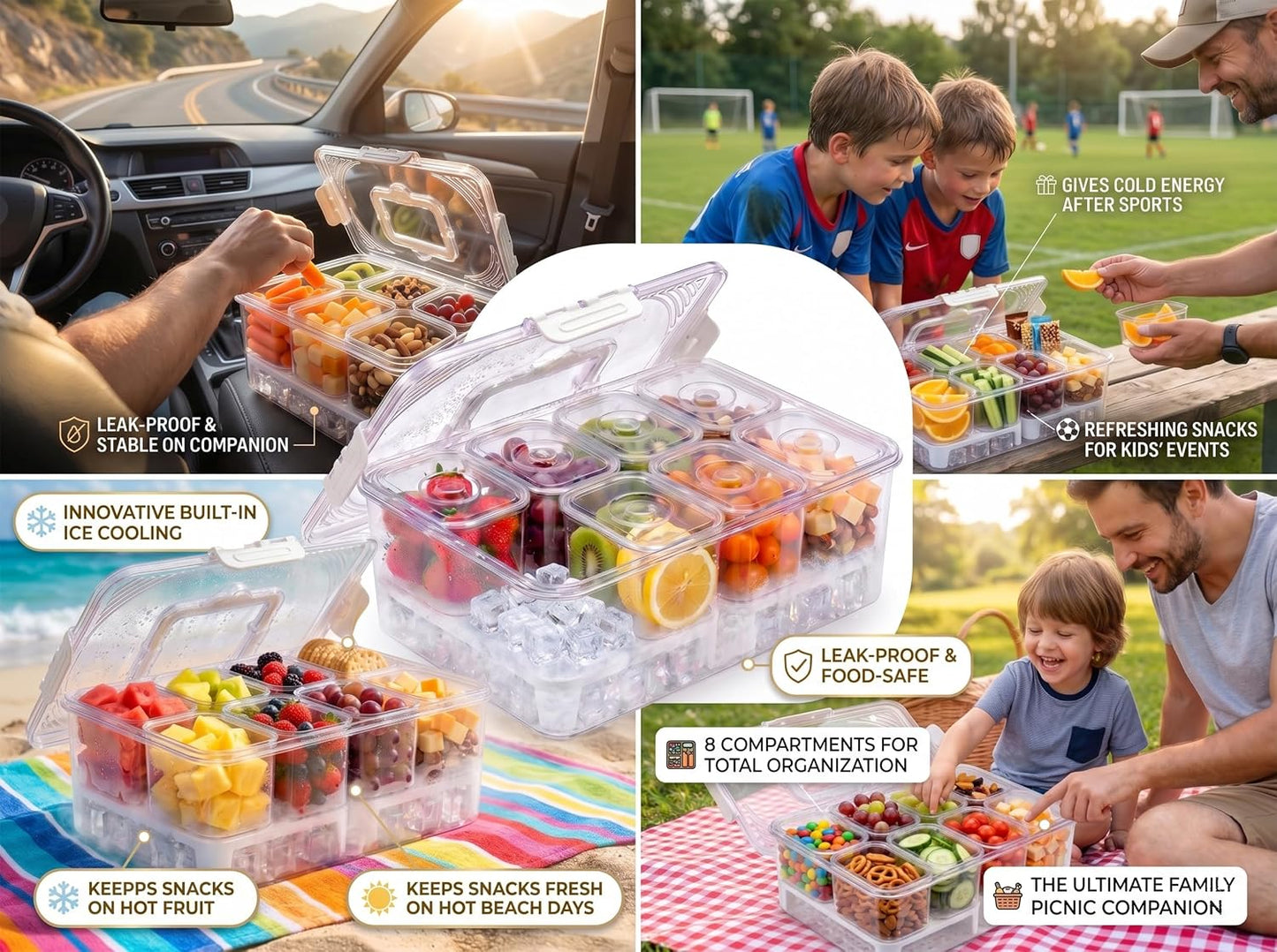 Chilled Snackle Box Container with Ice Tray - 8 Compartment Serving Tray with Lid & Handle, Leak-Proof & Odor-Free Snack Box, Portable Cold Food Platter for Picnic, Party, Travel, Road Trip