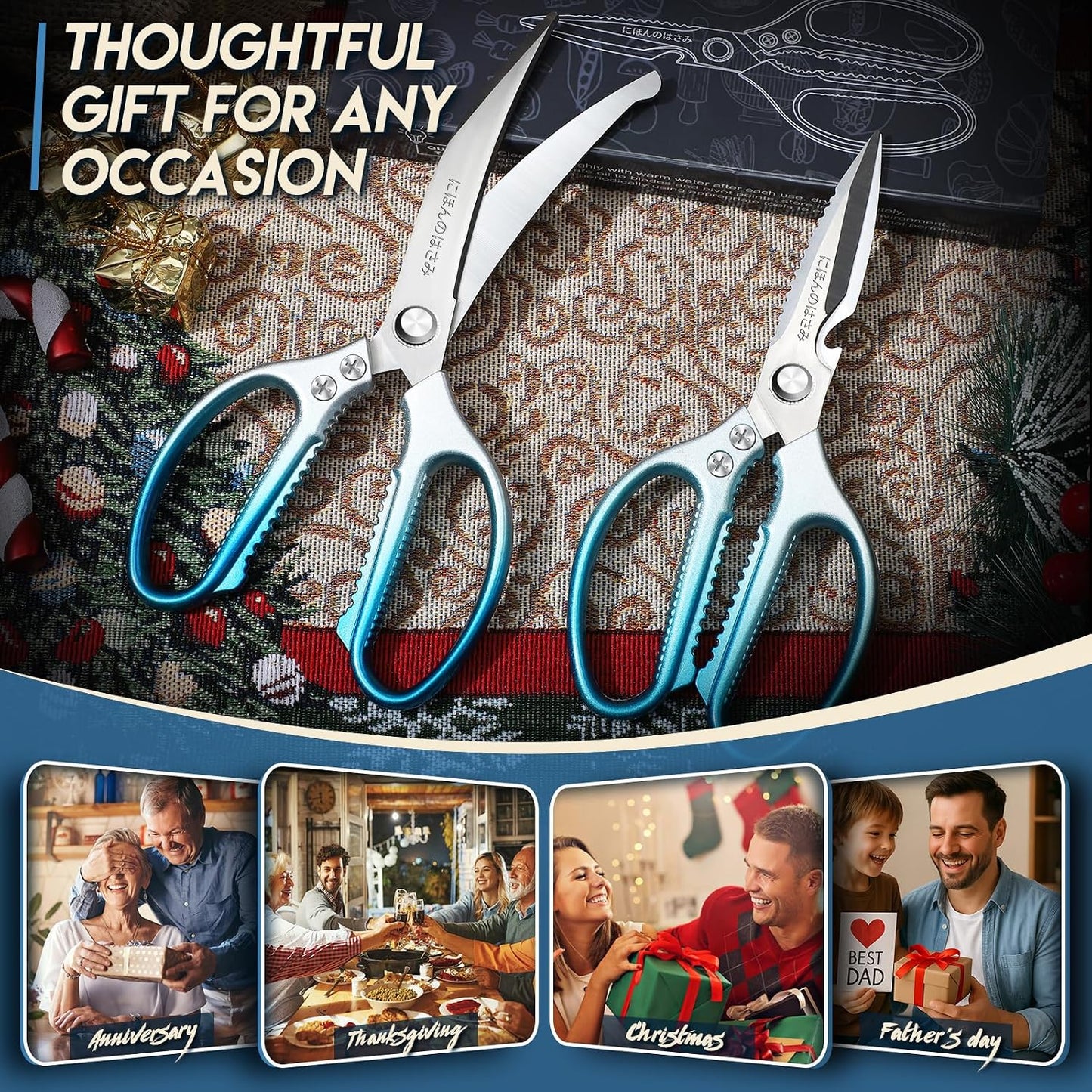 TIJERAS Kitchen Scissors Set Blue - Stainless Steel Kitchen Shear, Sharp Meat Scissors Dishwasher Safe, Heavy Duty Poultry Shears, Japanese Cooking Scissor for Food, Chicken,Turkey, Christmas Gifts