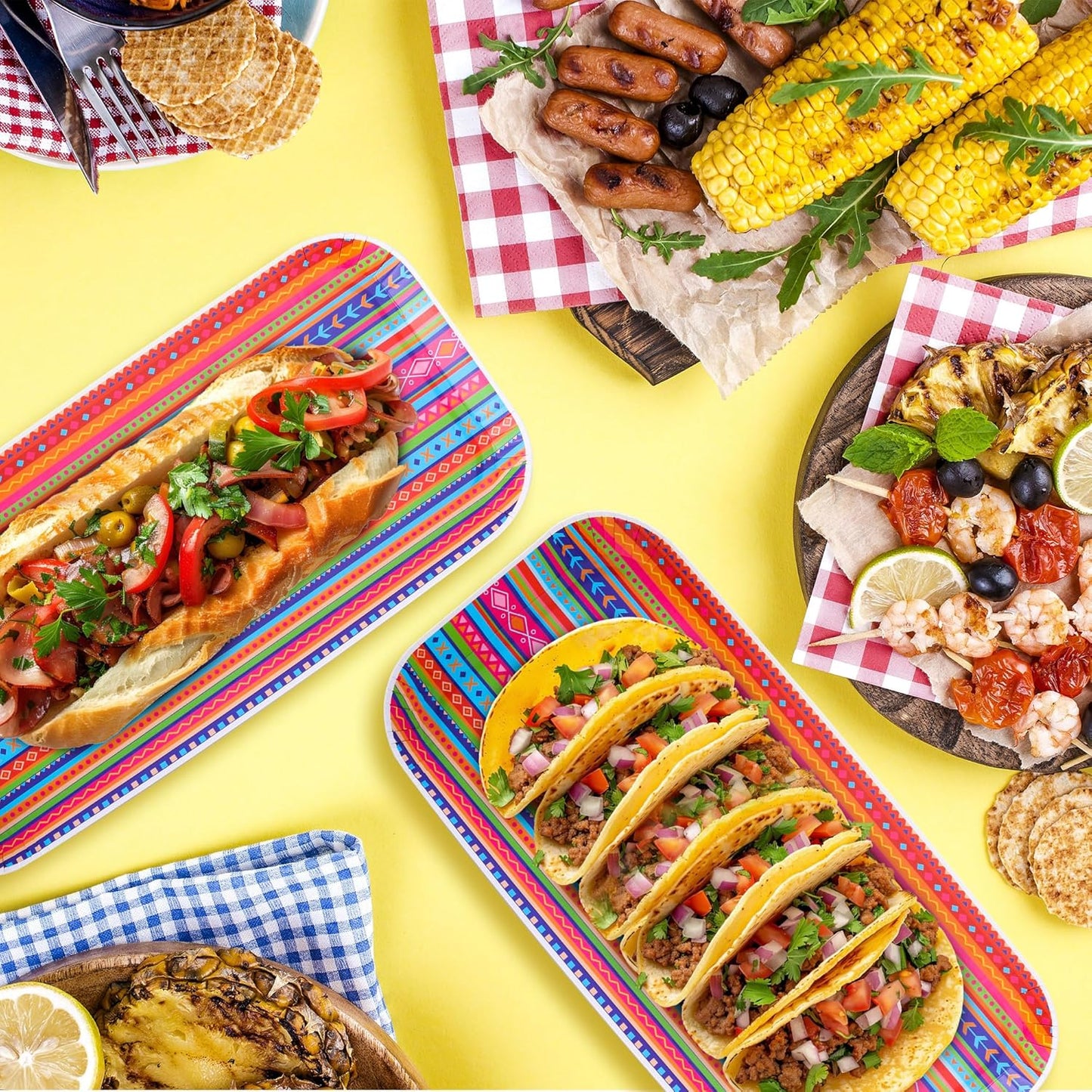 Wehhbtye 48 Pcs Mexican Food Serving Trays, Small Size 10.6'' x5'' Cinco De Mayo Paper Serving Platter, Colorful Striped Mexican Fiesta Plates for Single Taco Nacho Snack Themed Party Supplies