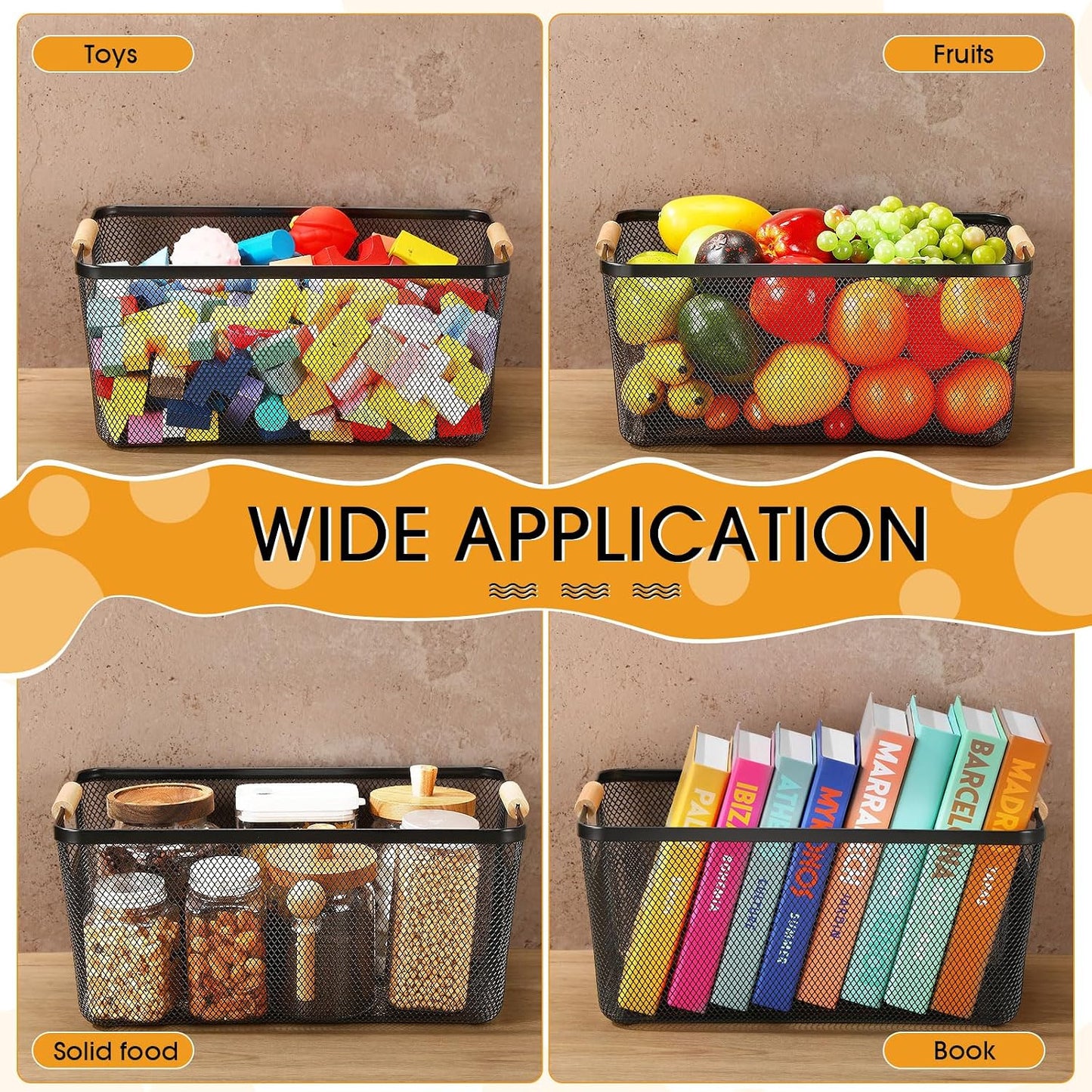 Ziliny 4 Pcs Metal Mesh Wire Baskets with Wooden Handles for Organizing, Pantry Organizers and Storage Steel Bin Kitchen Baskets for Fruit Potato Onion Snacks Bathroom Cabinet(Medium,Cream White)