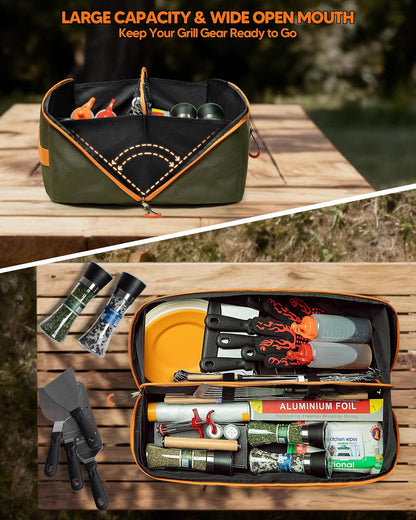 Marscamd 22” Grill Tool Storage Bag with Dual Inner Compartments, Wide-open Grill Utensil Storage Bag for Grill, Griddle and Barbecue Tools, Black (No Accessories)