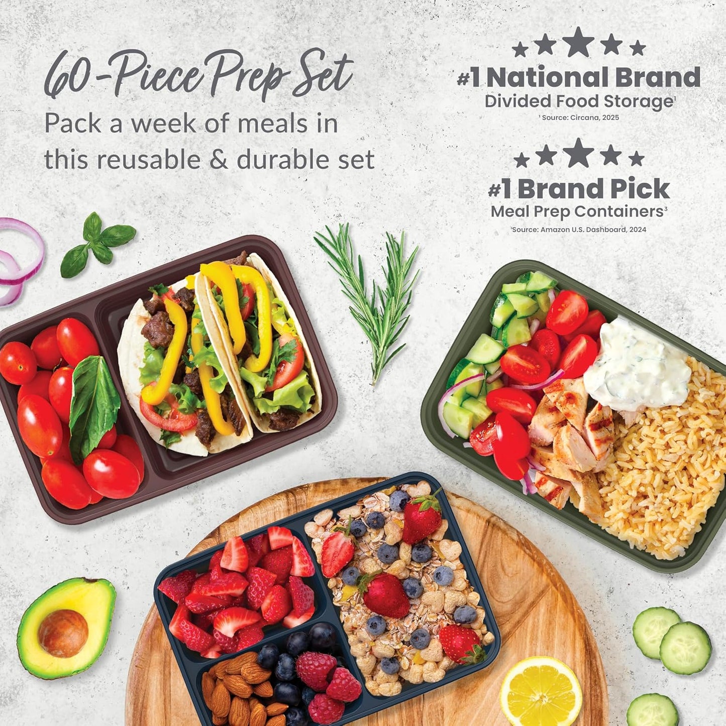 Bentgo Prep 60-Piece Meal Prep Kit - Reusable PFAS & BPA-Free Food Containers, 1-Compartment, 2-Compartment, & 3-Compartments - Microwave, Freezer, & Dishwasher Safe (Gleam Metallics)
