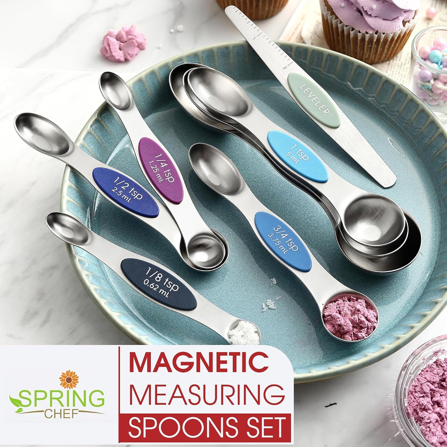 Spring Chef Stainless Steel Magnetic Measuring Spoons Set with Strong N45 Magnets, Heavy Duty Metal Kitchen Gadgets for Baking & Cooking, Fits in Most Kitchen Spice Jars, Set of 8 with Leveler, Black