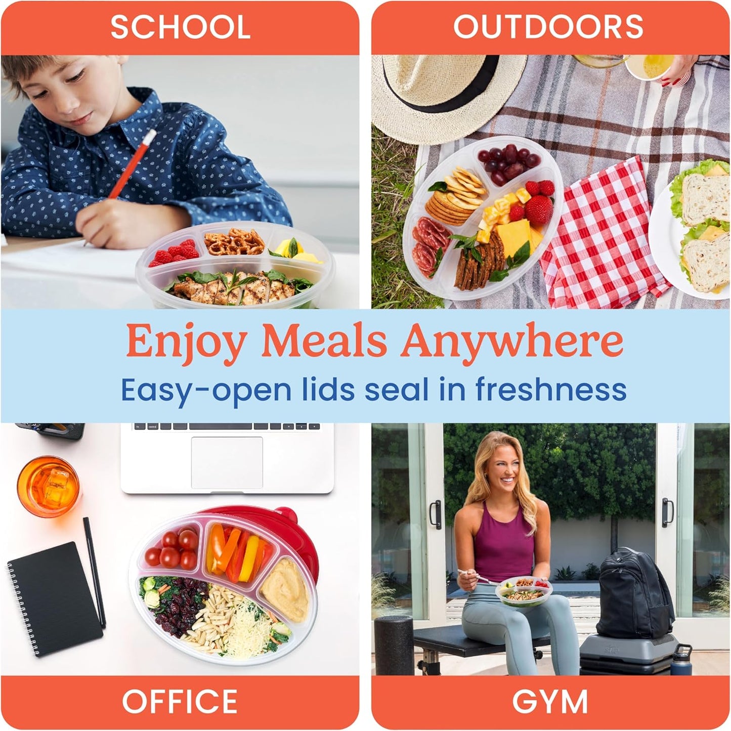 Bentgo Easyboxes 4-Compartment Oval Containers - Patented Design 8-Piece Set; 4 Trays & 4 Fitted Lids Seal in Freshness; Reusable Food Storage & Meal Prep BPA-Free Containers (Classic)