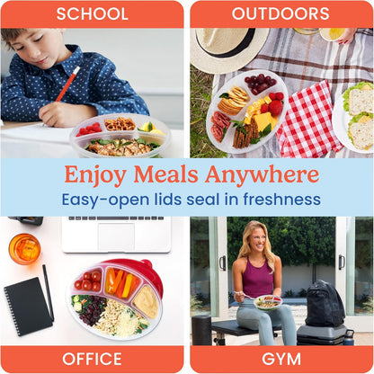 Bentgo Easyboxes 4-Compartment Oval Containers - Patented Design 8-Piece Set; 4 Trays & 4 Fitted Lids Seal in Freshness; Reusable Food Storage & Meal Prep BPA-Free Containers (Classic)