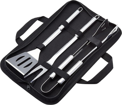 Amazon Basics 4-Piece Stainless Steel BBQ Grilling Tool Set with Carry Bag, Rust-Resistant, Dishwasher Safe