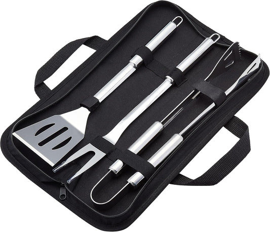 Amazon Basics 4-Piece Stainless Steel BBQ Grilling Tool Set with Carry Bag, Rust-Resistant, Dishwasher Safe