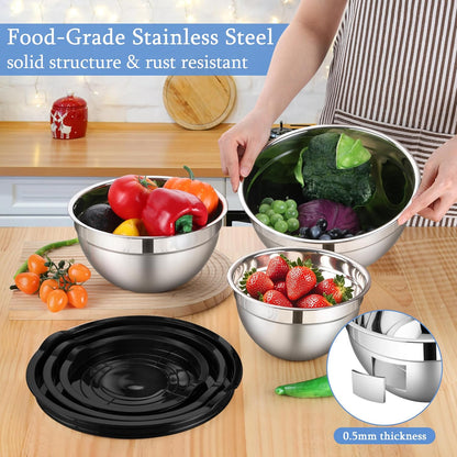 LIANYU Mixing Bowls with Airtight Lids Sets, 3 Packs Stainless Steel Metal Mixing Bowls, Ideal for Prepping, Cooking, Storage, Serving, Freezer & Dishwasher Safe, Khaki