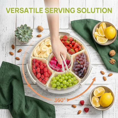 Divided Serving Tray with Lid & Handle, Portable Rotating Snackle Box, Clear Snack Spinner for Fruits, Snacks, Veggie & Charcuterie, Lazy Susan Organizer for Kitchen, Party, Travel & Picnic
