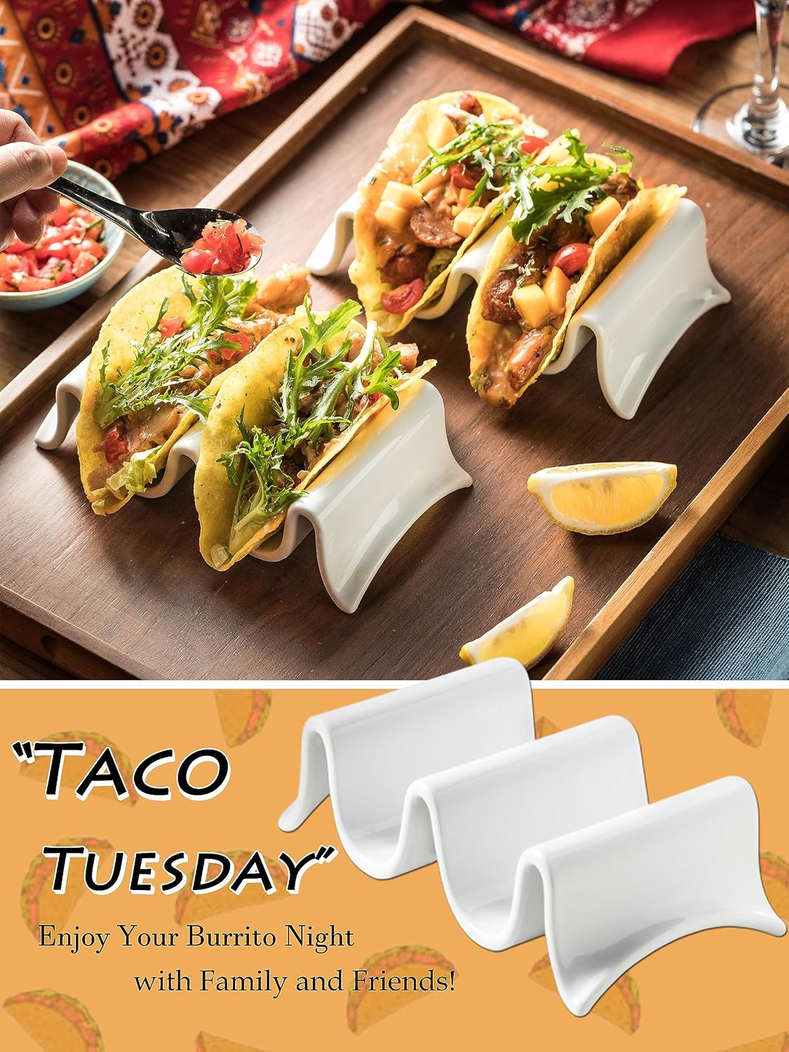 Taco Holders Set of 2, Porcelain Large Taco Tray with Handles, Reusable and Stackable Taco Plates, Perfect for Burritos and Tortillas Holder Handles, Oven & Microwave Safe