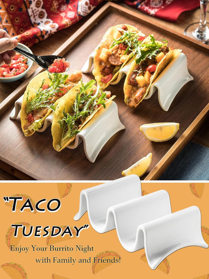 Taco Holders Set of 2, Porcelain Large Taco Tray with Handles, Reusable and Stackable Taco Plates, Perfect for Burritos and Tortillas Holder Handles, Oven & Microwave Safe