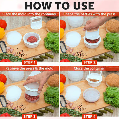Hamburger Press Patty Maker - 4 in1, Burger Mold, Patty Press, 6 Storage Containers, 100 Round Papers - Hamburger Patty Maker Tool for BBQ - Burger Shaper for Meat, Veggie Patties