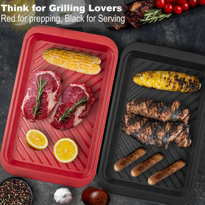 Czlizdyt Deep Grilling Prep and Serve Trays with lid, BBQ Tray for Marinating Raw and Cooked Food, Diswasher Safe Nesting Trays Black in Red