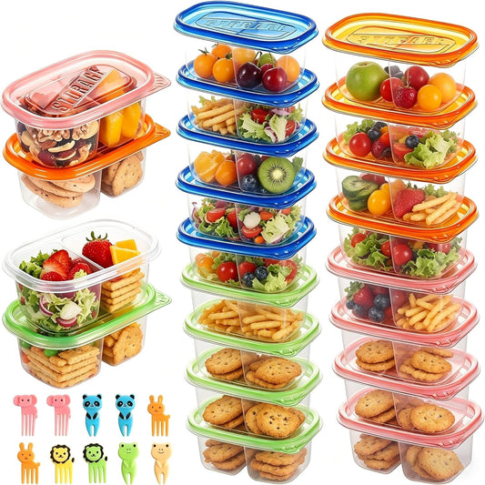 ALFEVA 24 Pcs Reusable Snack Containers with Lids Portion control, Camping Essentials,Meal Prep Containers for Kids adults On the Go Meals, 10 Forks, Snack Pack Containers for Travel