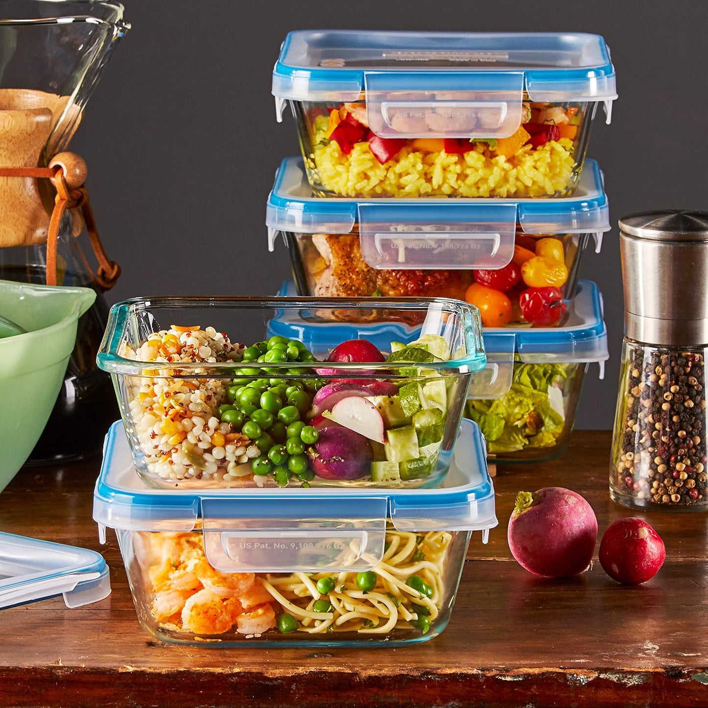 Snapware Glass Total Solutions (12-Pack) Food Storage Containers Set, (1, 2 & 4 Cup), Airtight & Leakproof Plastic Locking BPA-Free Lids, Freezer Dishwasher Microwave Safe