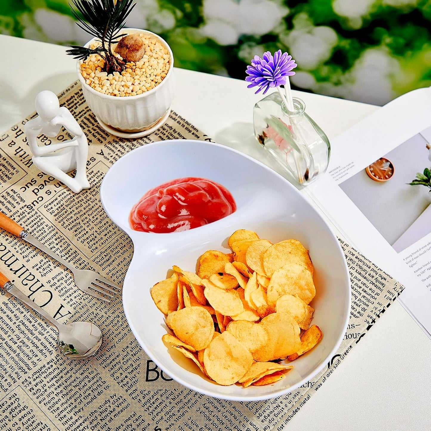 2 Pcs Chip and Dip Bowl Chip and Dip Serving Tray Set 11'' Large Divided Platter 18oz & 5oz Compartment Serving Dish Melamine Dumpling Plate for Easter Party Appetizer Salad Snack Fruit Taco White