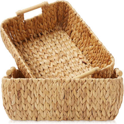 Casafield Set of 2 Water Hyacinth Oval Storage Baskets with Wooden Handles - Medium, Woven Bin Organizers