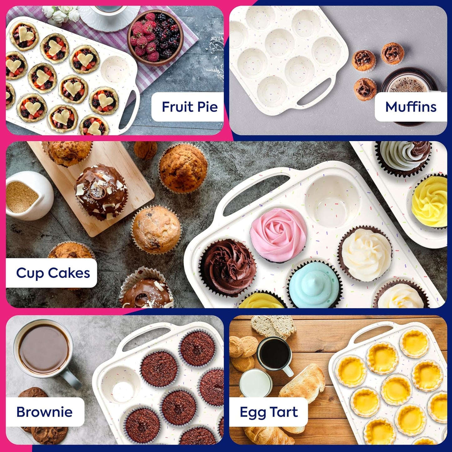 RICCLE 2 Pack Silicone Muffin Pans for Baking with Metal Reinforced Frame - Regular 12 Cup Silicone Muffin Pan & 24 Cup Mini Cupcake Pans - Silicone Cupcake Pan Set - Oven & Dishwasher Safe, BPA-Free