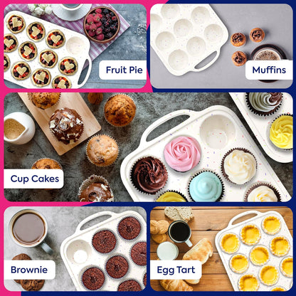 RICCLE 2 Pack Silicone Muffin Pans for Baking with Metal Reinforced Frame - Regular 12 Cup Silicone Muffin Pan & 24 Cup Mini Cupcake Pans - Silicone Cupcake Pan Set - Oven & Dishwasher Safe, BPA-Free