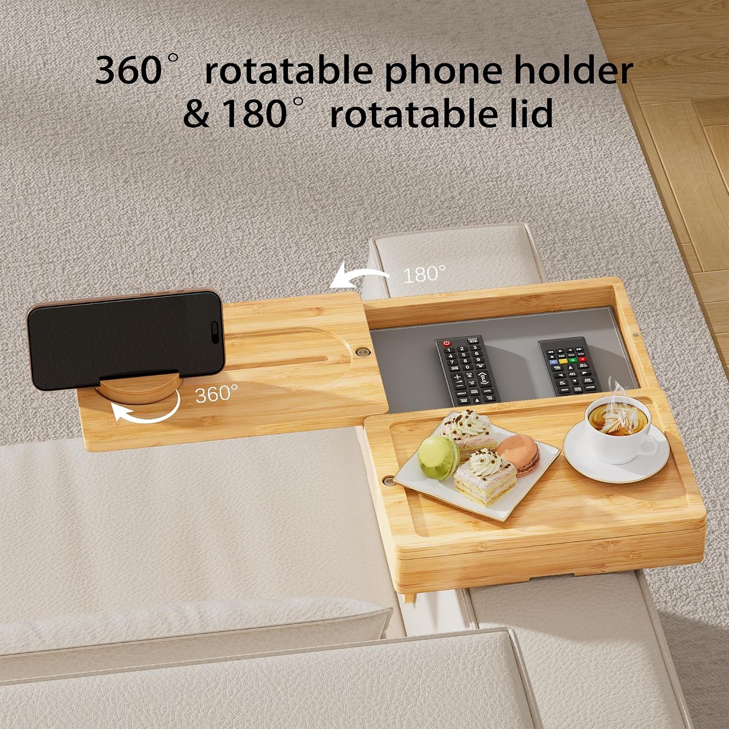 Bamboo Couch Arm Tray, 2 Rotating Trays with 360° Phone Holder & Storage Box, Natural Adjustable Clip On Sofa Table for Snacks, Drinks, Fits Wide Armrests (Up to 10")