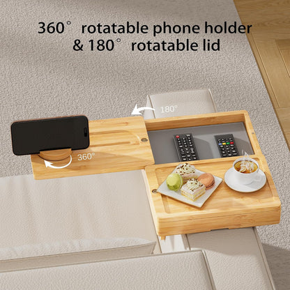 Bamboo Couch Arm Tray, 2 Rotating Trays with 360° Phone Holder & Storage Box, Natural Adjustable Clip On Sofa Table for Snacks, Drinks, Fits Wide Armrests (Up to 10")