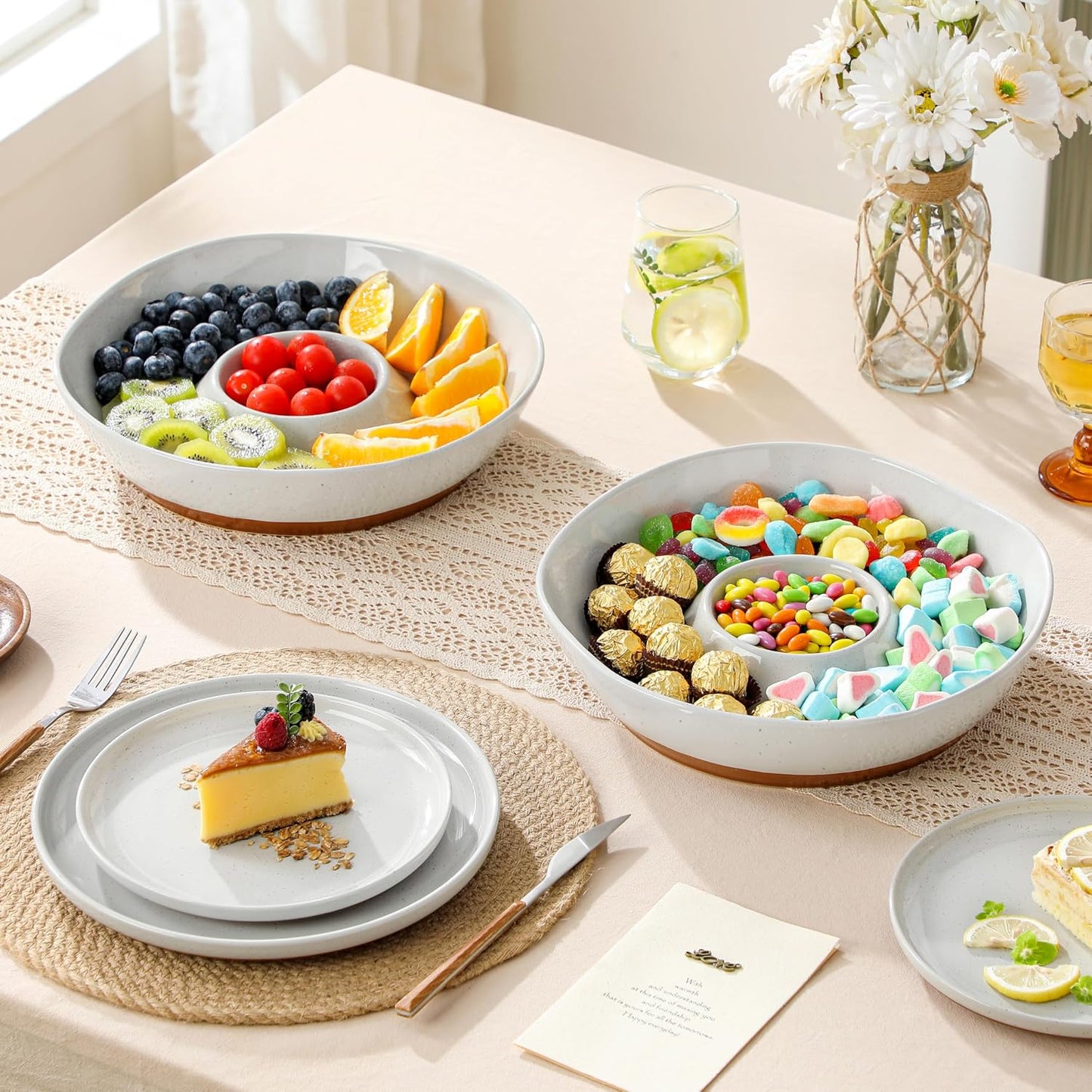 MALACASA Ceramic Chips and Dip Serving Tray, 12 Inch Large Divided Bowls Set for Salsa, Veggies & Dip, Appetizers, Snacks, Free-Form Serving Dish Platter for Parties Hosting & Entertaining, White
