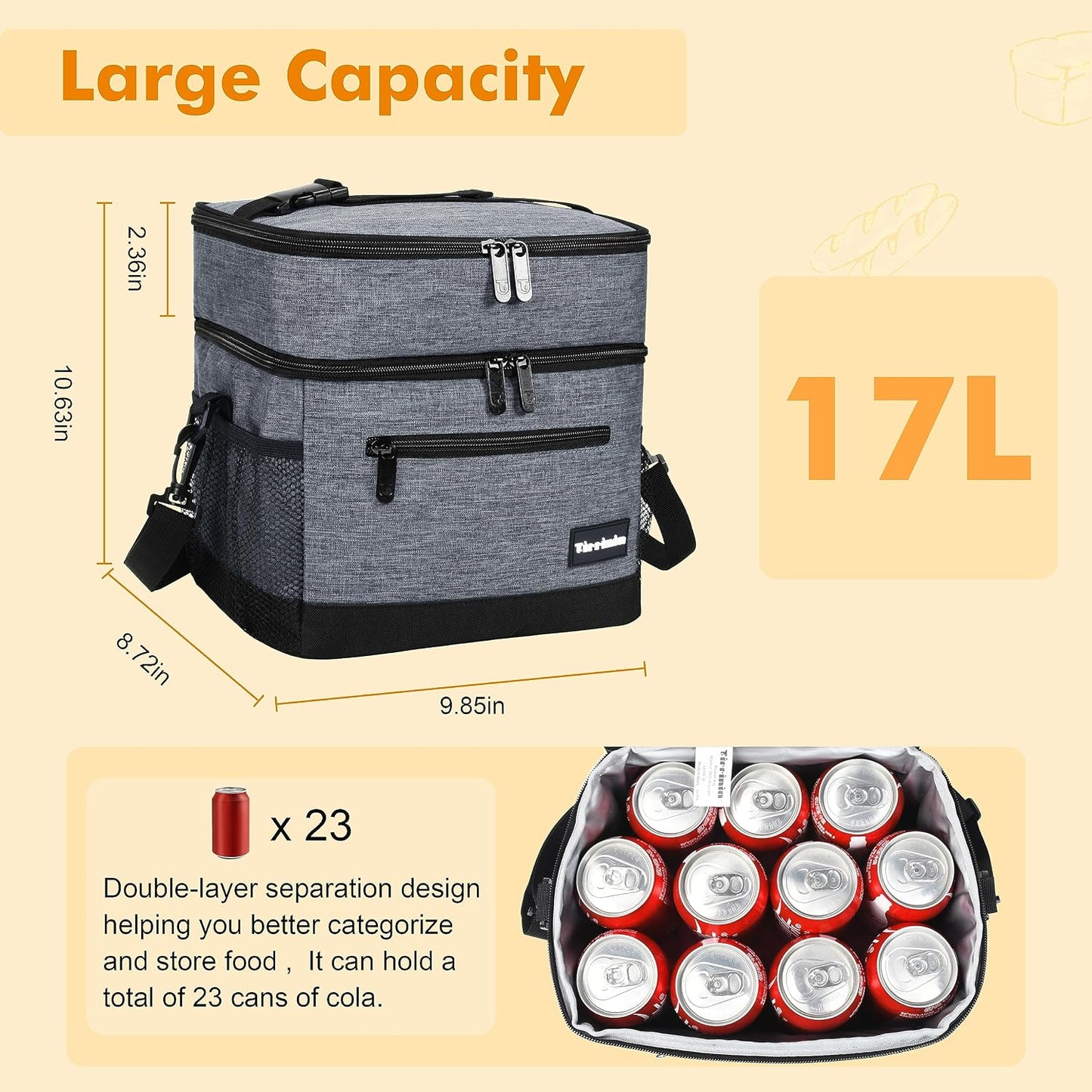 Tirrinia Insulated Lunch Box for Men/Women, Leakproof Lunch Bag for School Work, Large Lunch Tote Kids Boys Girls Student Back to School, Soft Cooler Office Picnic Beach Camping for Adults, Charcoal