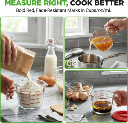 NutriChef 1,2 and 4 Cups Glass Measuring Cup Set with Lids (8, 17 and 34 oz) - Heat-Resistant Borosilicate Liquid Measure Cups with Easy-Read Scale for Cooking, Baking & Food Storage, Dishwasher Safe