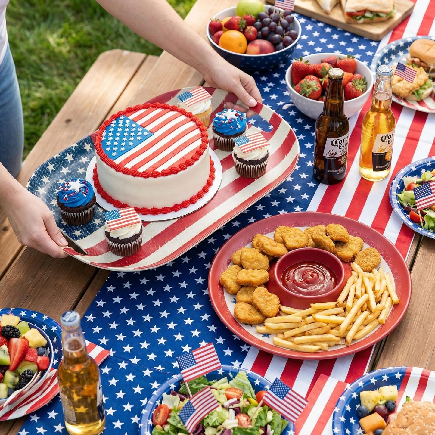 Kingen American flag Patriotic theme party supplies, 18'' Rectangle and 13'' Round Set of 2 Extra-Large Bamboo Serving Trays, Independence Day, Reusable and Dishwasher Safe