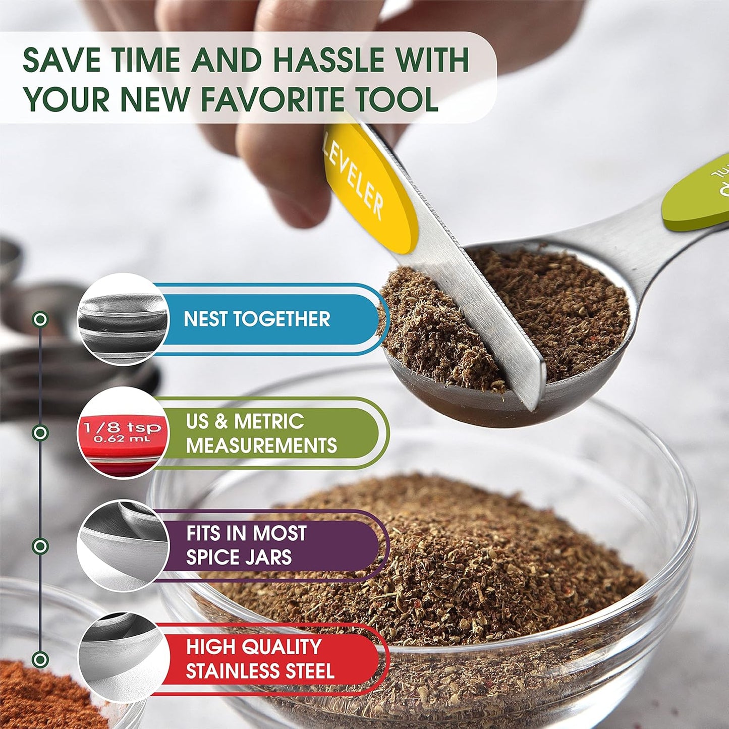 Spring Chef Stainless Steel Magnetic Measuring Spoons Set with Strong N45 Magnets, Heavy Duty Metal Kitchen Gadgets for Baking & Cooking, Fits in Most Kitchen Spice Jars, Set of 8 with Leveler, Black