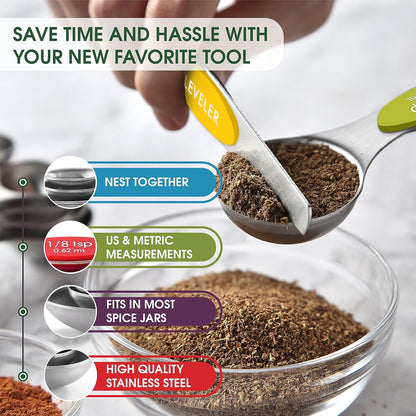 Spring Chef Stainless Steel Magnetic Measuring Spoons Set with Strong N45 Magnets, Heavy Duty Metal Kitchen Gadgets for Baking & Cooking, Fits in Most Kitchen Spice Jars, Set of 8 with Leveler, Black