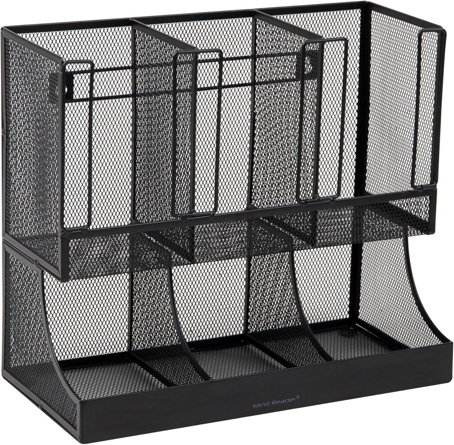Mind Reader Cup and Condiment Station, 13 Inch Countertop Coffee Bar Organizer with 6 Compartments, Storage Caddy for Cups, Lids and Packets, Plastic, Black