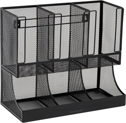 Mind Reader Cup and Condiment Station, 13 Inch Countertop Coffee Bar Organizer with 6 Compartments, Storage Caddy for Cups, Lids and Packets, Plastic, Black