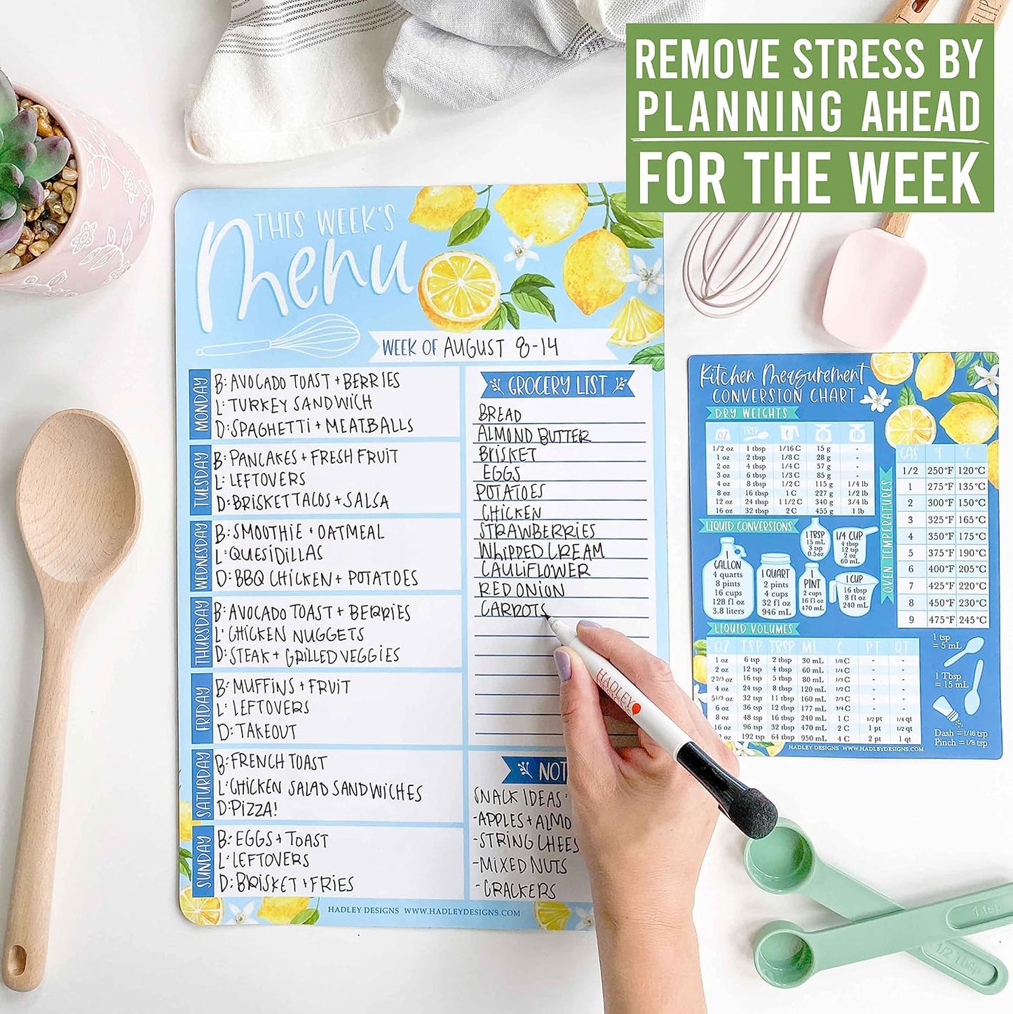 Hadley Designs Lemon Magnetic Weekly Meal Planner Dry Erase Board for Refrigerator - Weekly Dinner Menu Board for Kitchen Conversion Chart Magnet, Grocery List