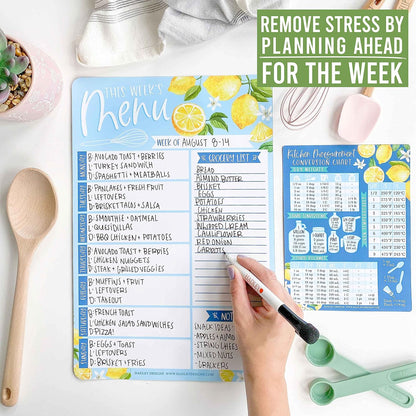 Hadley Designs Lemon Magnetic Weekly Meal Planner Dry Erase Board for Refrigerator - Weekly Dinner Menu Board for Kitchen Conversion Chart Magnet, Grocery List
