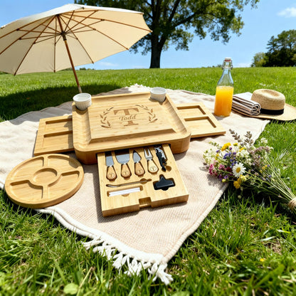Personalized Bamboo Charcuterie Board Gift Set with 3 Drawers & Utensils, Custom Cheese Board with Round Tray, Housewarming, Wedding & Birthday Gift for Couples and Family