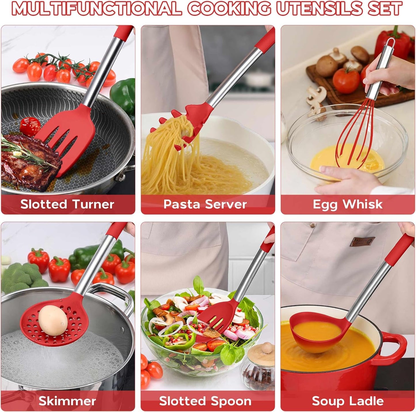 Onader Kitchen Utensils Set, 15 Pcs Silicone Cooking Utensils Set with Holder and Heat Resistant Stainless Steel Handle for Nonstick Cookware - Black