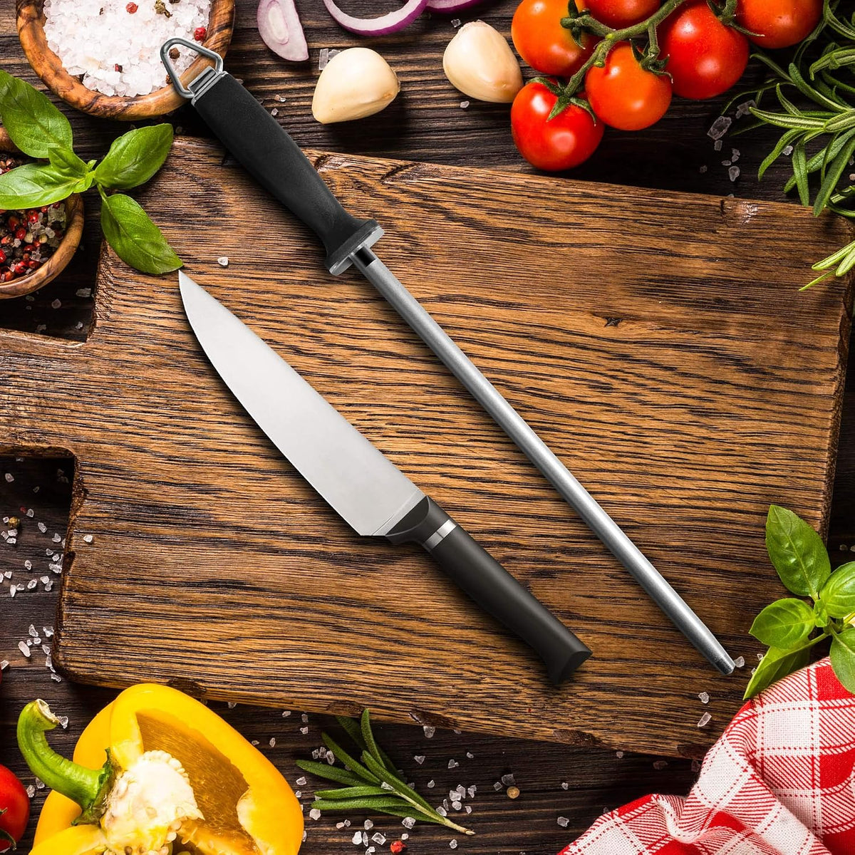 12-Inch Knife Sharpening Rod, Fine Carbon Honing Steel, Black Handle