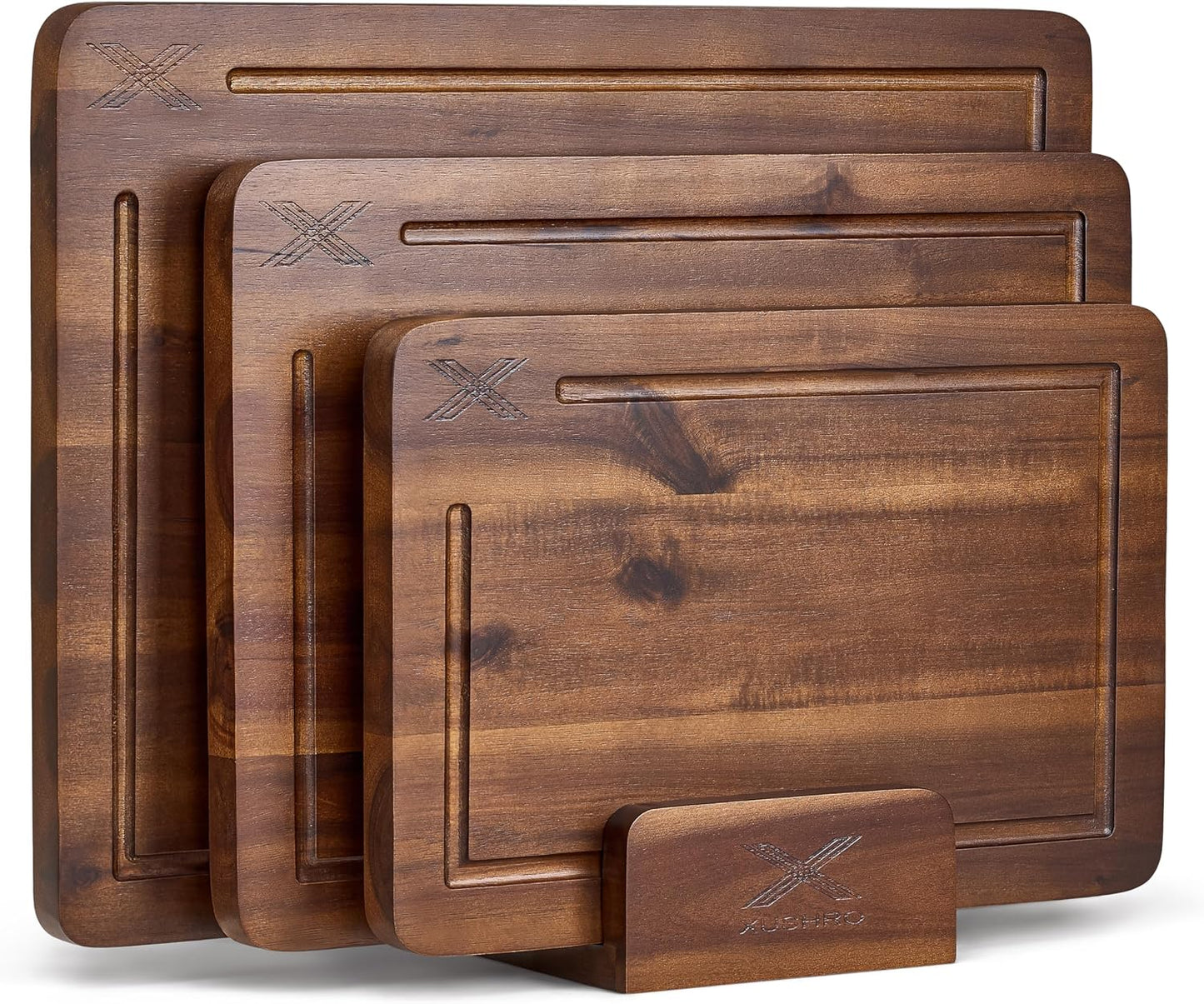 Acacia Wood Cutting Board Set of 3 with Stand - Thick Wooden Chopping Boards with Deep Juice Grooves - Non-Slip & Durable Wooden Boards for Meat & Vegetables (16x12, 14x10, 12x8) - Natural