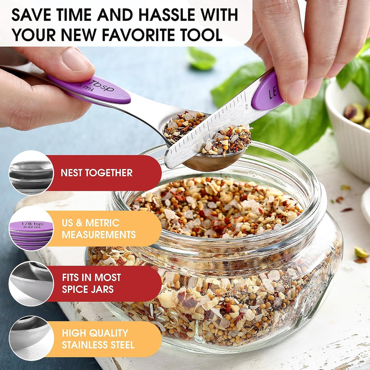 Spring Chef Stainless Steel Magnetic Measuring Spoons Set with Strong N45 Magnets, Heavy Duty Metal Kitchen Gadgets for Baking & Cooking, Fits in Most Kitchen Spice Jars, Set of 8 with Leveler, Black