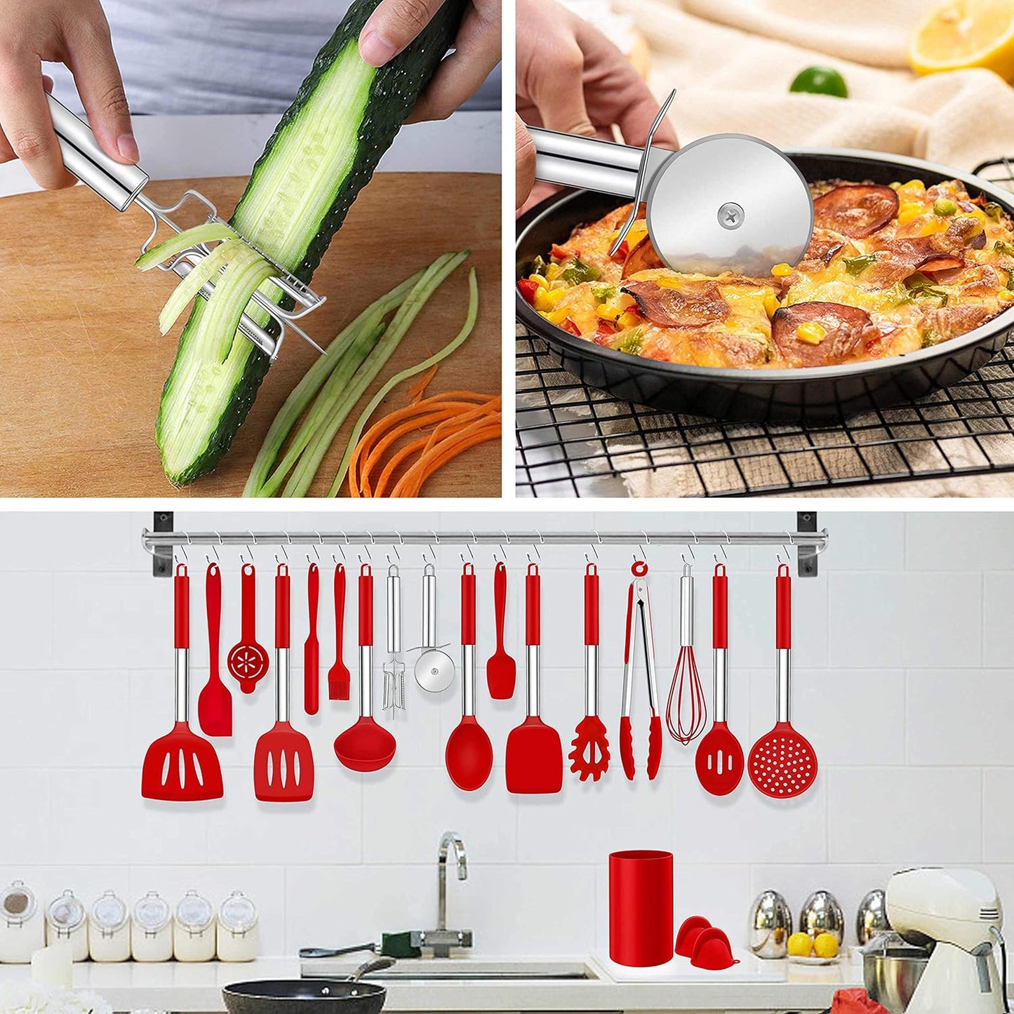LIANYU 43 Pcs Silicone Kitchen Cooking Utensils with Holder, Heat Resistant Spatula Set with Stainless Steel Handle, Kitchen Cooking Gadgets Tools for Nonstick Cookware Set, Blue