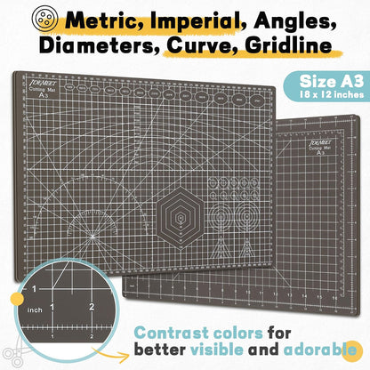 Self Healing Cutting Mat 18" x 12", A3 Double-Sided for Quilting & Sewing, Non-slip, 5-Ply Rotary Cutting Mat for Crafts Cutting Fabric Scrapbooking, and Small Modeling Projects, Anthracite Gray