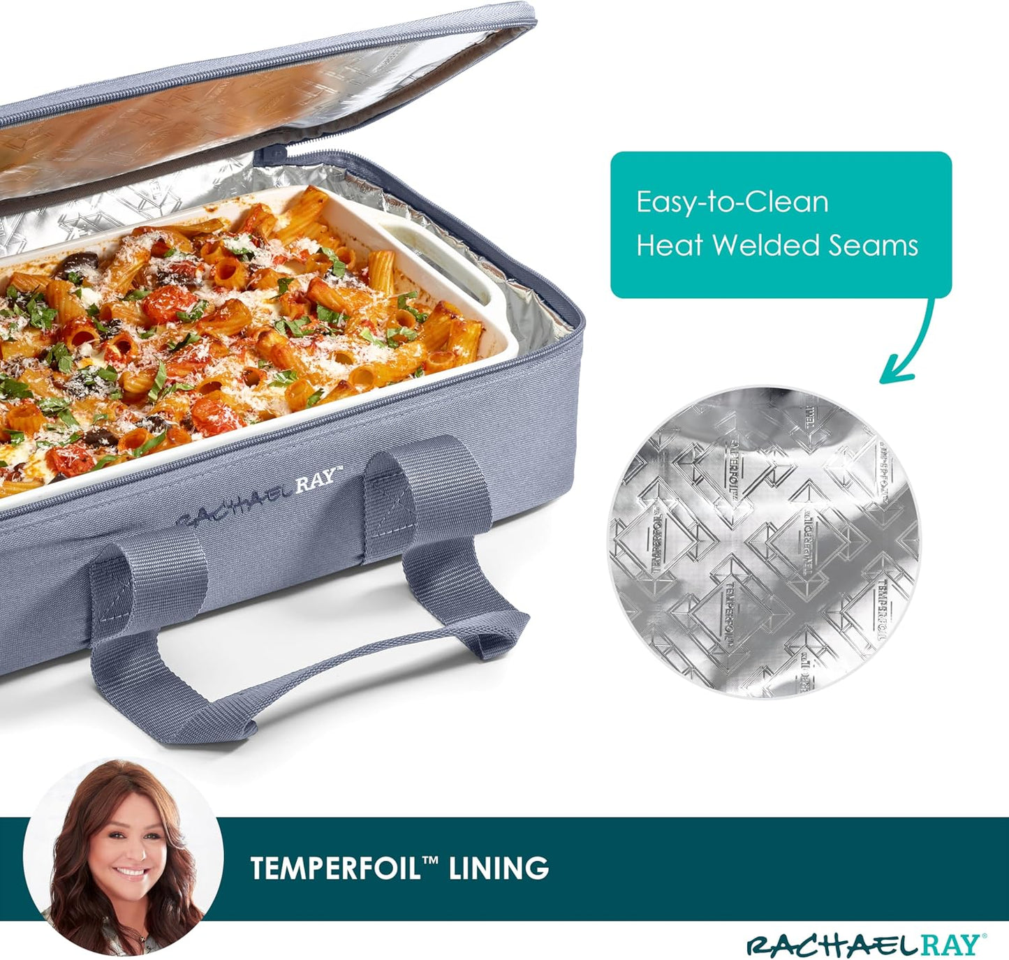 Rachael Ray Lugger Duo, Insulated Casserole Carrier for Hot or Cold Food, Thermal Lasanga Lugger Tote for Pockluck, Parties, Picnic, and Cookouts, Fits 9" x 13" Baking Dish, Sea Salt Grey