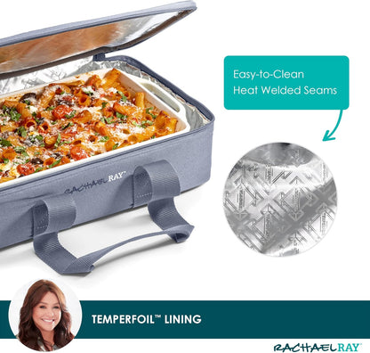 Rachael Ray Lugger Duo, Insulated Casserole Carrier for Hot or Cold Food, Thermal Lasanga Lugger Tote for Pockluck, Parties, Picnic, and Cookouts, Fits 9" x 13" Baking Dish, Sea Salt Grey