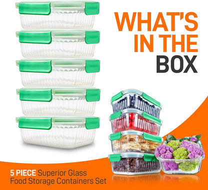 NutriChef 10 Piece Glass Food Storage Containers with Lids – 30 oz Meal Prep Containers Reusable – Airtight Glass Lunch Containers for Food Storage – Freezer to Oven Safe - Gray