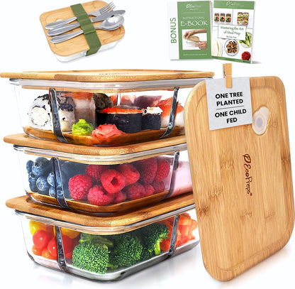 EcoPreps Glass Bento Box Containers with Bamboo Lids, 3 Compartment Glass Meal Prep Containers (3 Pack) - 100% Plastic Free, Eco-Friendly Lunch Container Set, Bamboo Lid Bento Boxes for Adults