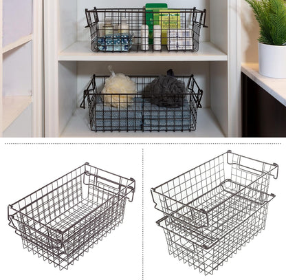 Home-Complete 2 pcs Medium Stackable Wire Baskets, 16"x12" Organizer Stacking Storage Bins for Shelf, Pantry, Kitchen, Cabinets, can also be used in Chest Freezers (Brown)